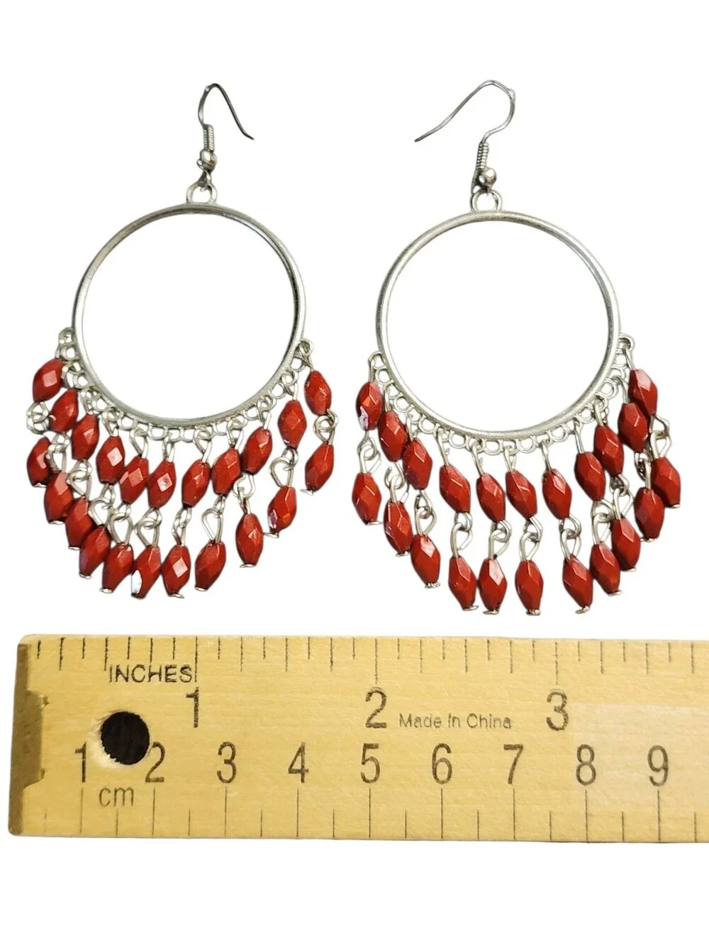 Silvertone Hoop Earrings with Maroon Beads